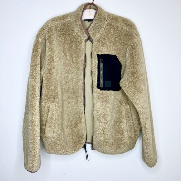 VOLCOM Mens Muzzer Fuzzar Fleece High Pile Zip-Up Jacket Size Medium Khaki Tan - Picture 7 of 8